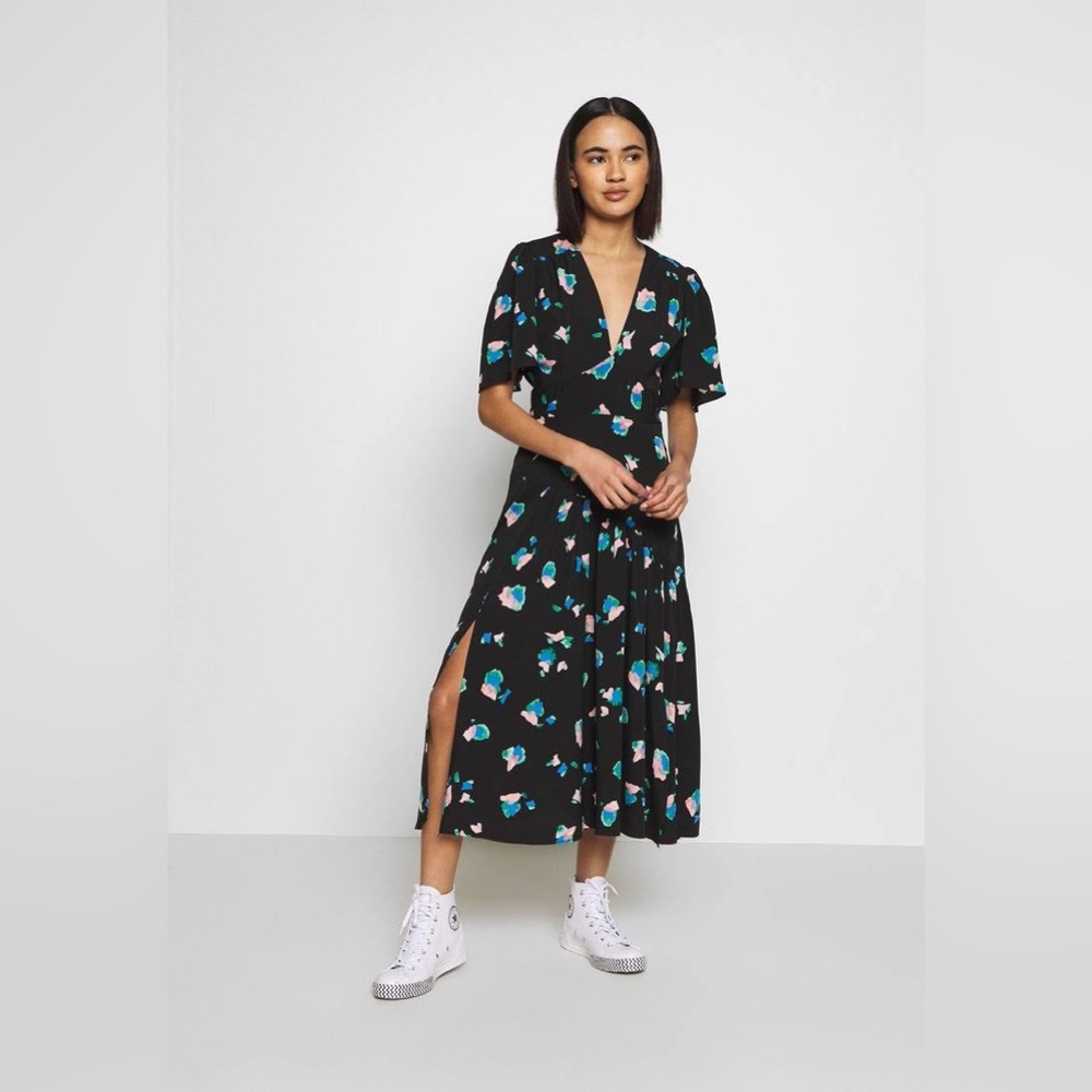 Topshop long dress with side slits floral black and blue, size 2 Small